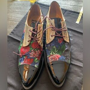 John Fluevog Black and Gold Floral Oxfords